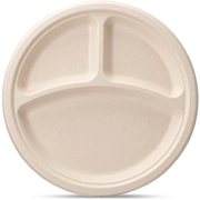 Wheature 9 Inch 3-Compartment Sugarcane Bagasse Round Plate（Nature）