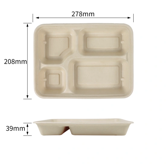 Microwave Safe 4 Compartment Disposable Paper Plates Compostable Bagasse School Lunch Tray(1400ML)