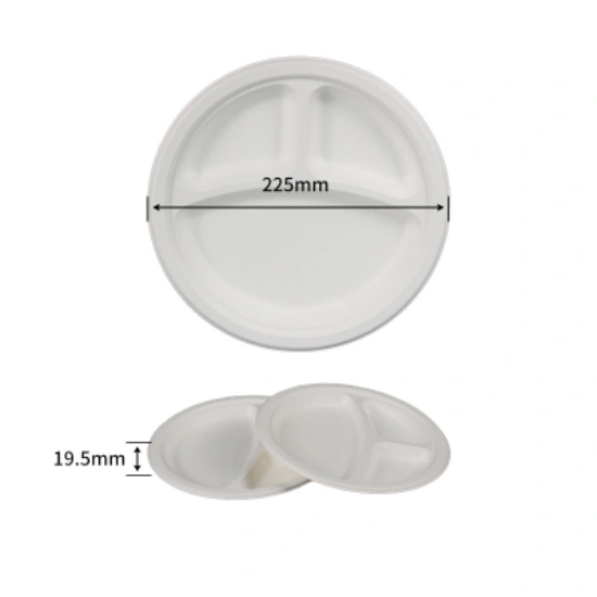 Wheature 9 Inch 3-Compartment Sugarcane Bagasse Round Plate（White）